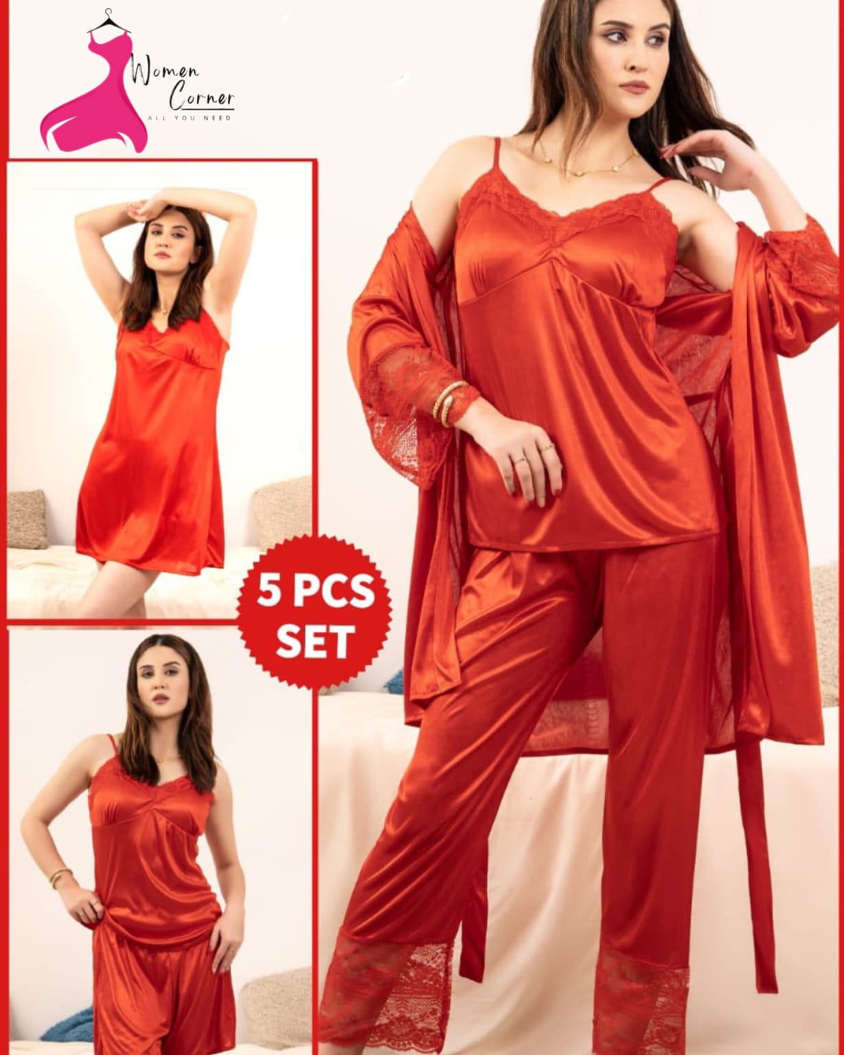 Exclusive Ladies Night Dress 5Pc Set - Silk Jersey with Fresh Net Imported