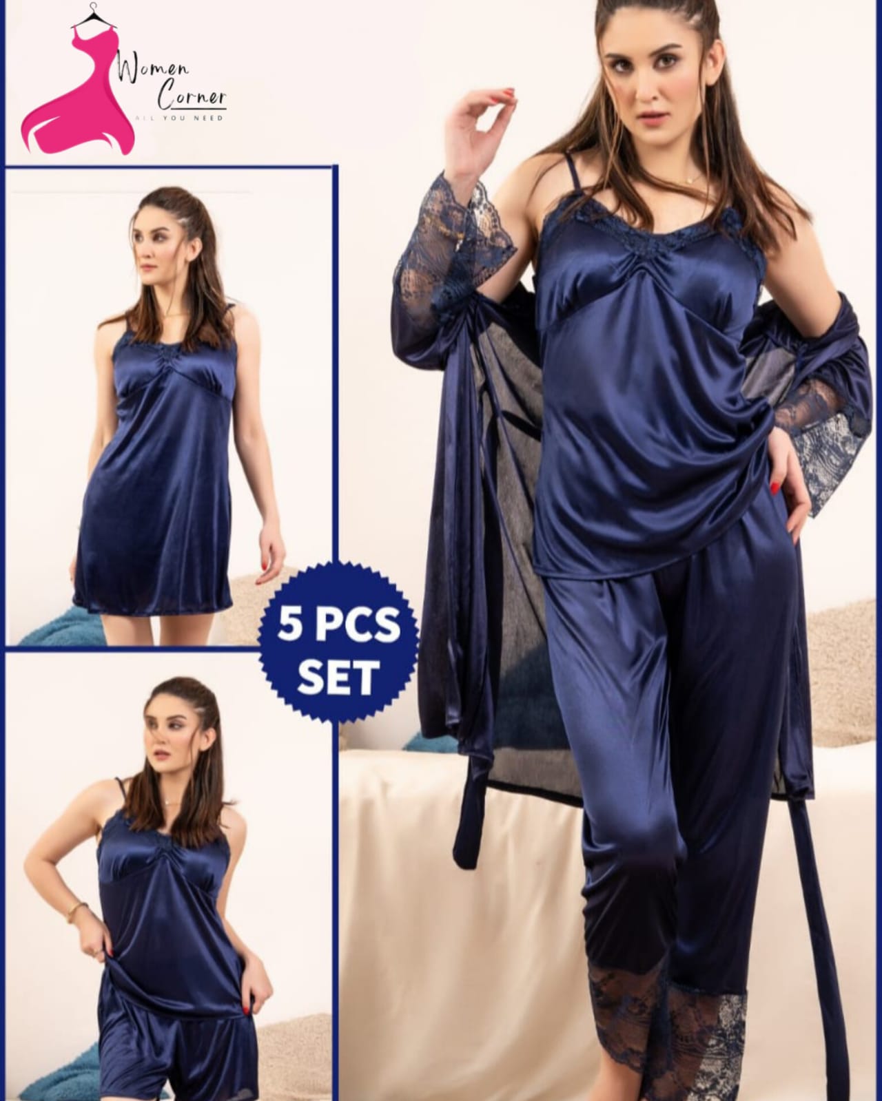 Exclusive Ladies Night Dress 5Pc Set - Silk Jersey with Fresh Net Imported